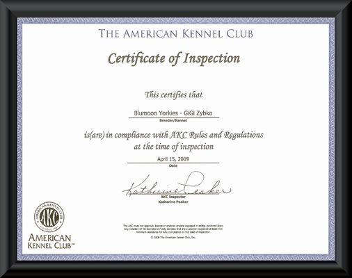 AKC Inspection Certificate